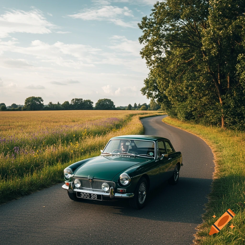 A dark green classic MGB car drives on a winding country road next to a field under a partly cloudy sky.