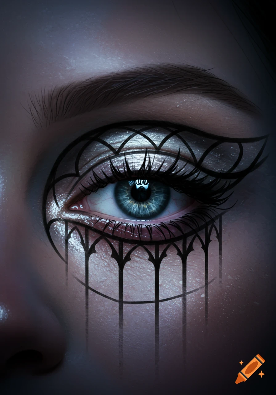 Close-up of a blue-green eye with elaborate gothic window-pane black and white eye makeup.