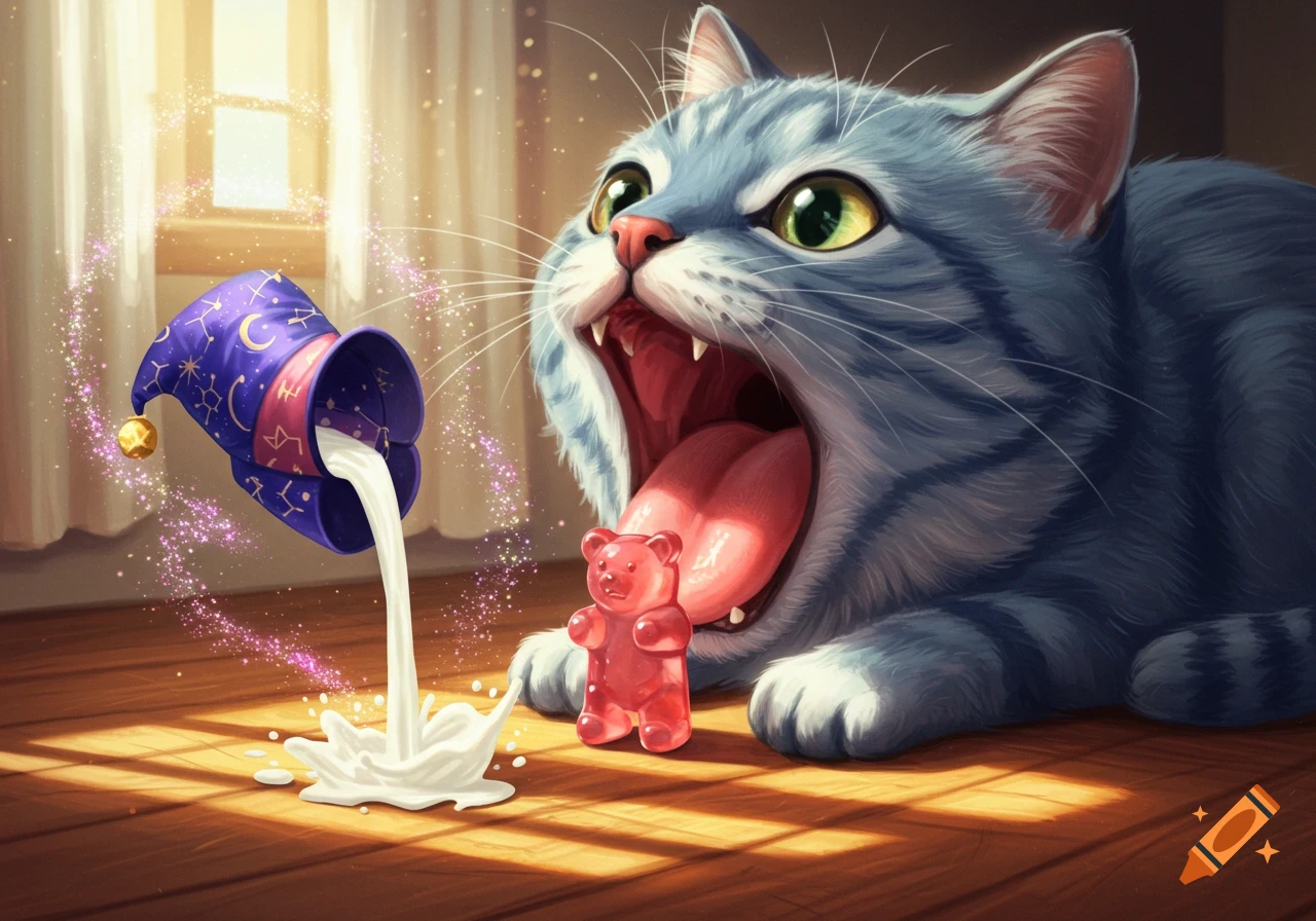 A cartoon gray tabby cat with its mouth wide open looks at a pink gummy bear. A magical wizard hat pours milk onto the floor.