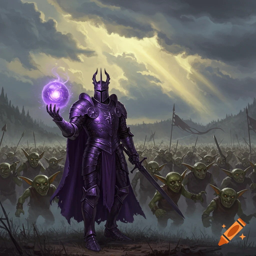 A purple knight holding a glowing purple orb confronts an army of goblins under a dramatic sky.