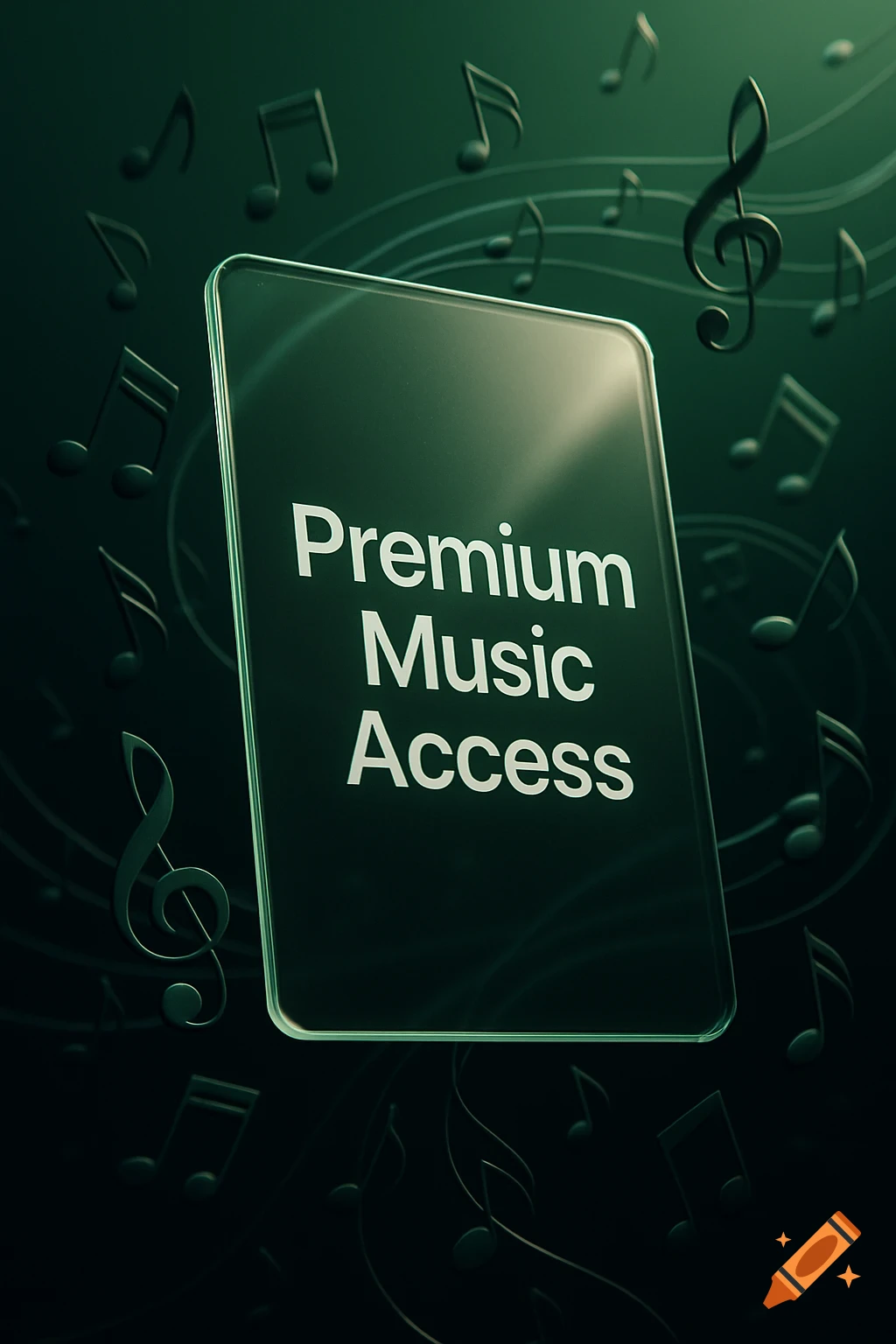 A glowing glass card displaying 'Premium Music Access' text, surrounded by abstract music notes on a dark green background, photorealistic.