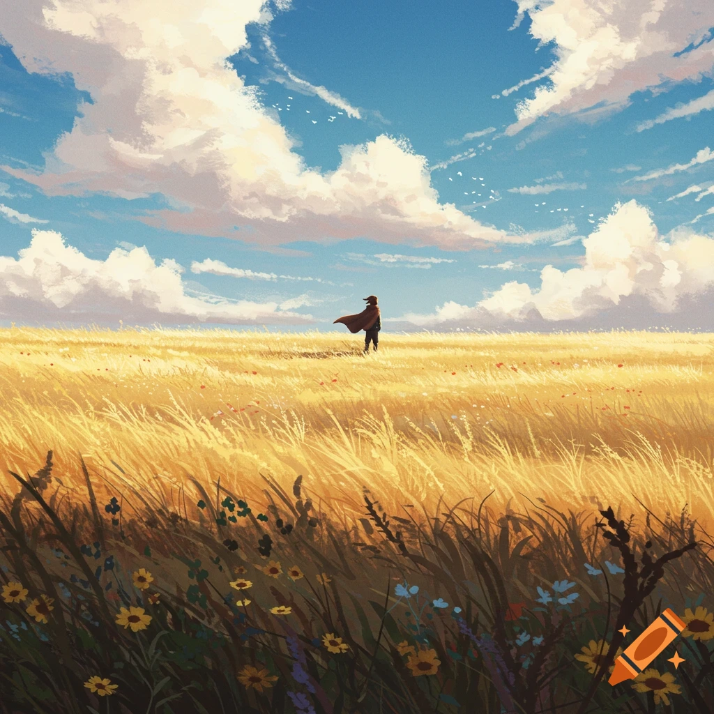 A lone figure in a cape stands in a vast golden wheat field under a dramatic blue sky with fluffy clouds, in a painterly style.