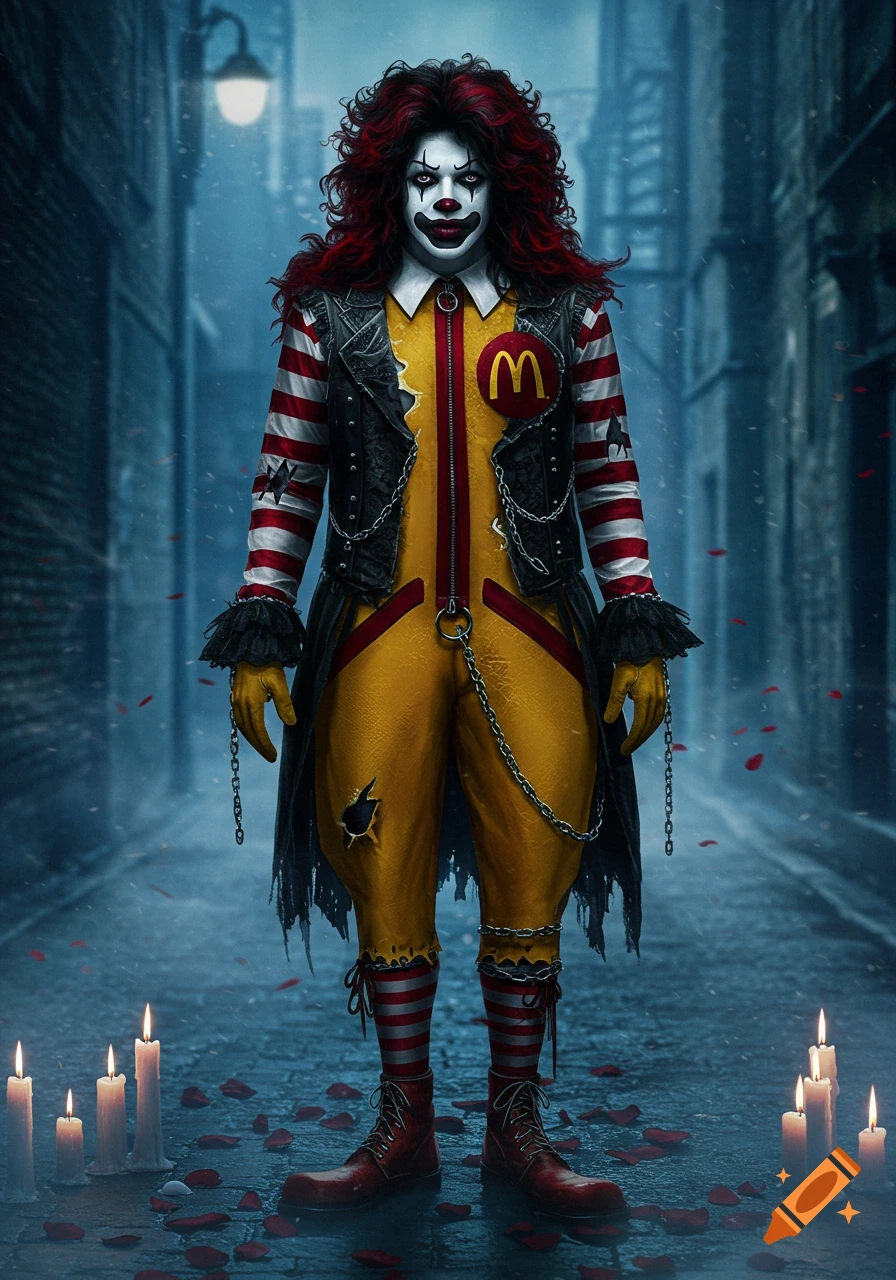 A goth Ronald McDonald in a tattered yellow jumpsuit and black leather vest stands in a dark, rainy alley with candles and rose petals.
