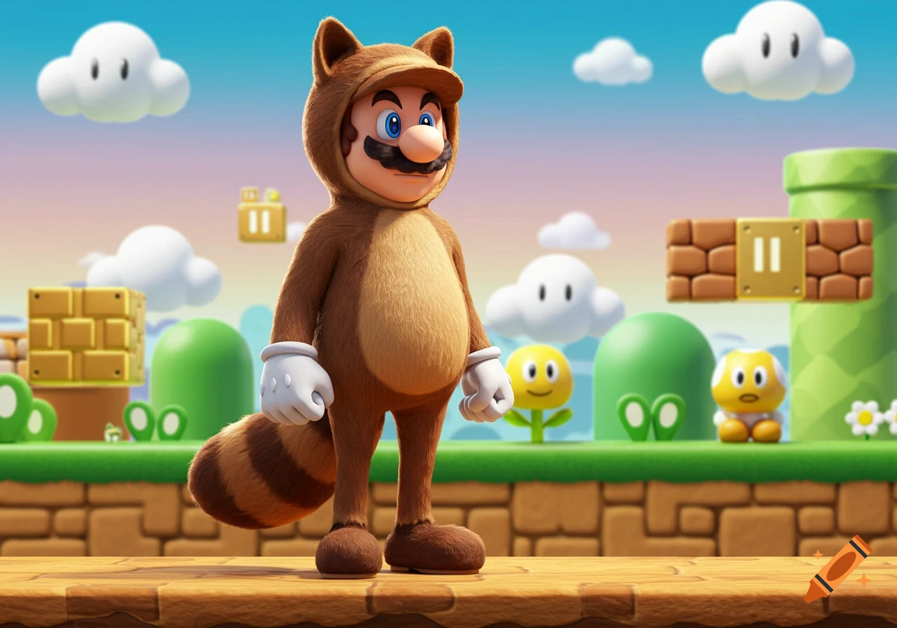 Mario in a raccoon costume stands on a platform in a vibrant Super Mario Bros. video game level.