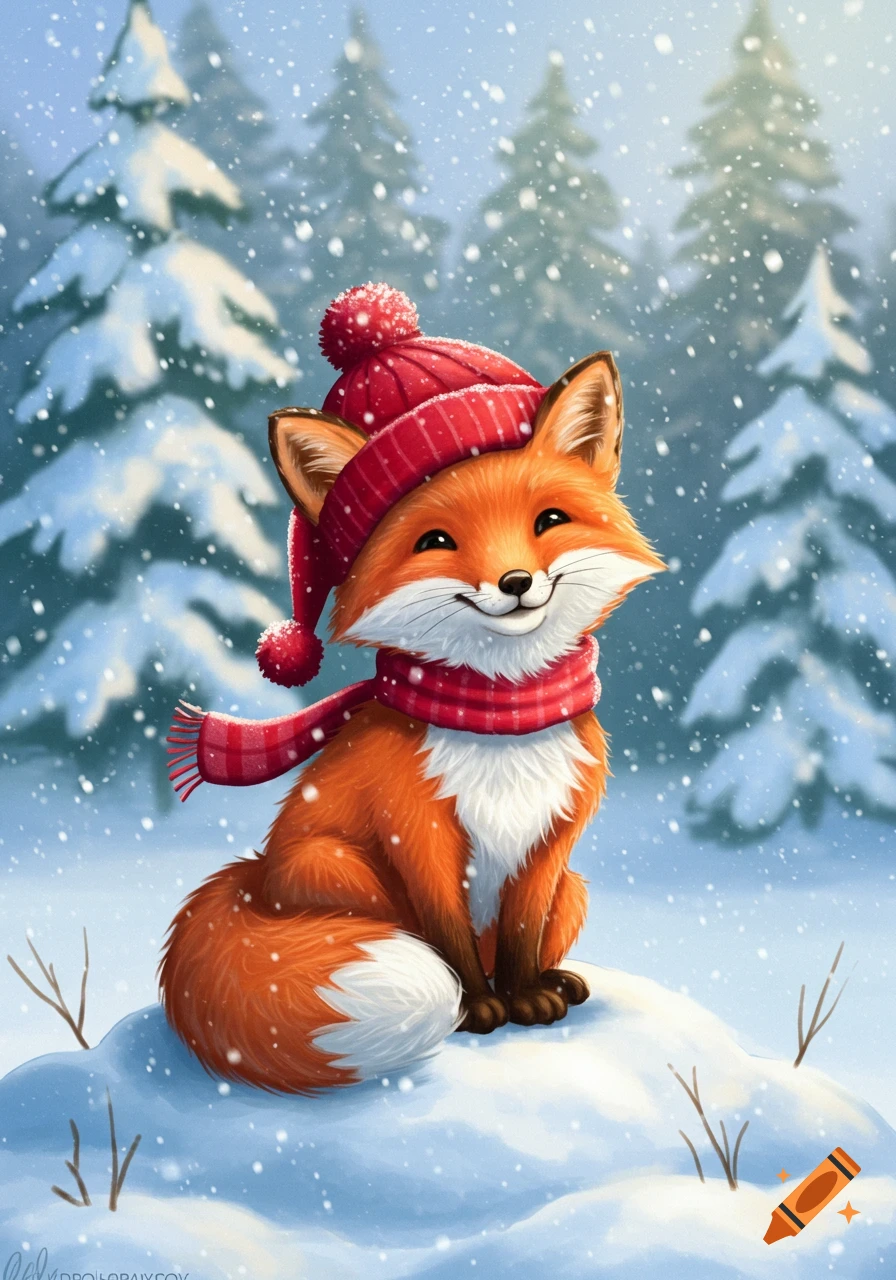 A cute cartoon fox wearing a red winter hat and striped scarf sits smiling in a snowy forest as snowflakes fall.