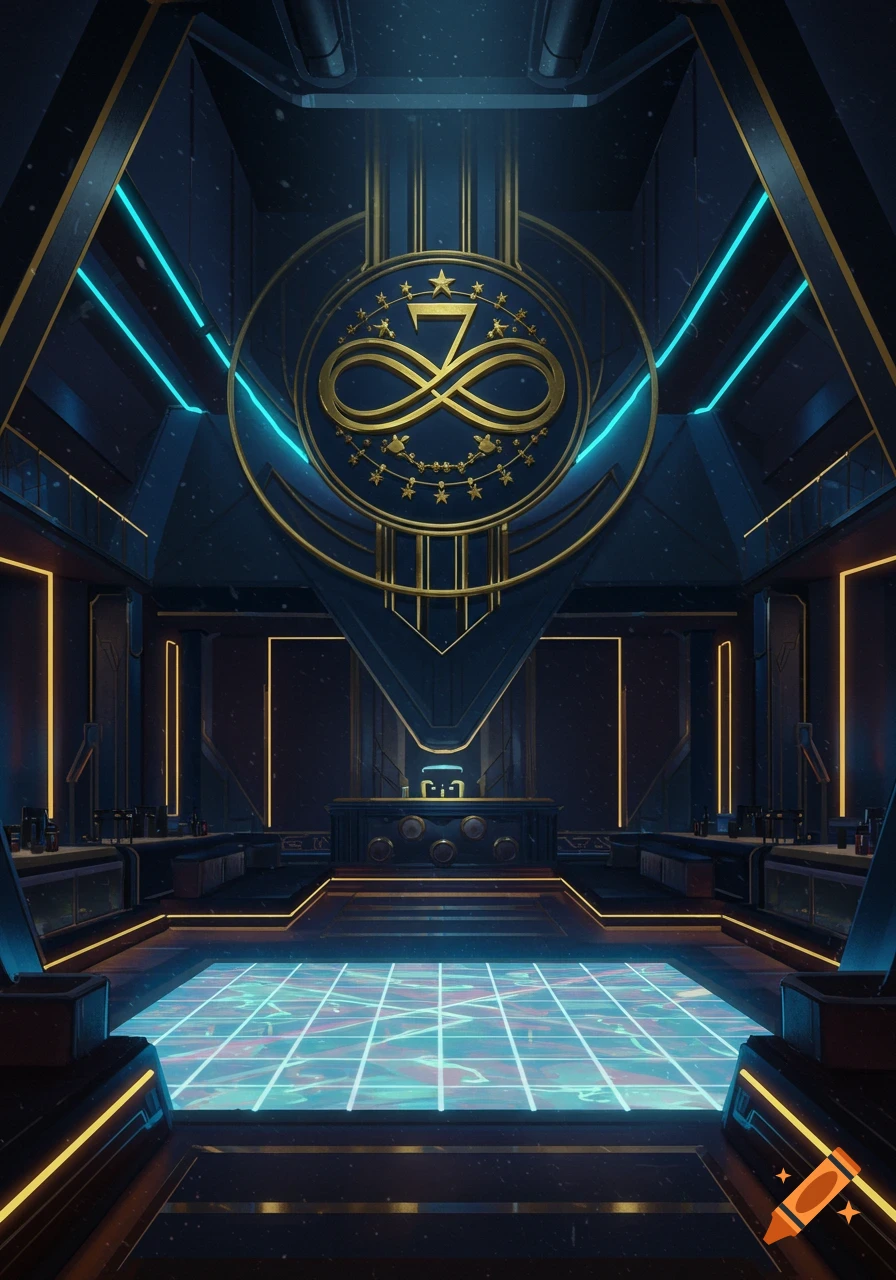 A dark, futuristic nightclub interior with blue and gold neon lights, a central glowing emblem, and a checkered light-up dance floor.