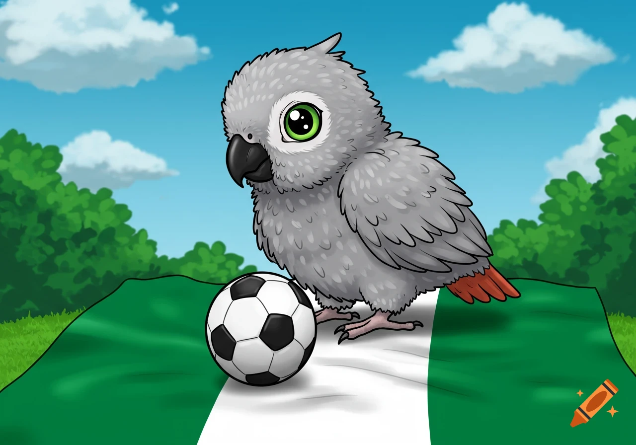 A cute grey cartoon parrot with green eyes stands by a soccer ball on a Nigerian flag under a blue sky with clouds and trees.