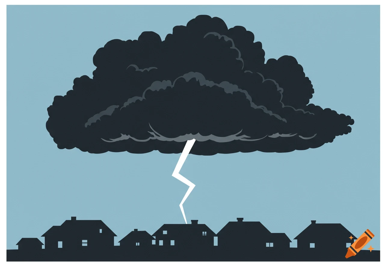 A dark storm cloud with a white lightning bolt strikes above a silhouette of houses against a light blue sky in a minimalist illustration.