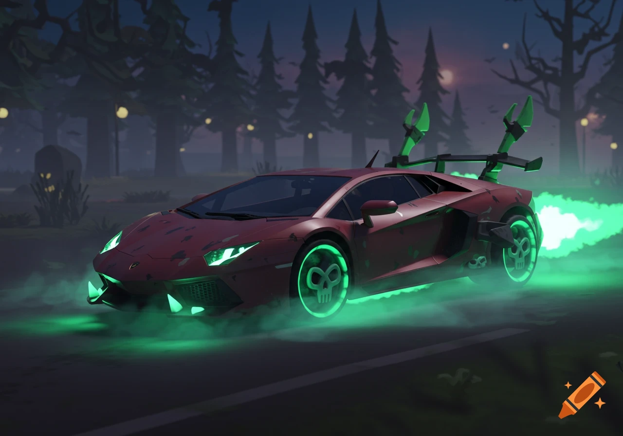 A stylized red Lamborghini with green glowing underglow, skull wheels, boosters, and front spikes, driving through a spooky, foggy forest at night in a Roblox-like cartoon style.
