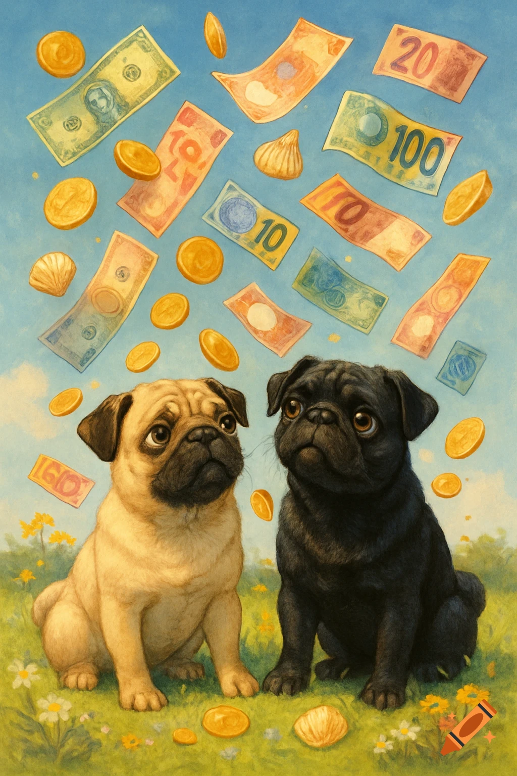 An illustration of a fawn pug and a black pug sitting in a grassy field, looking up at money, coins, and seashells falling from the sky.