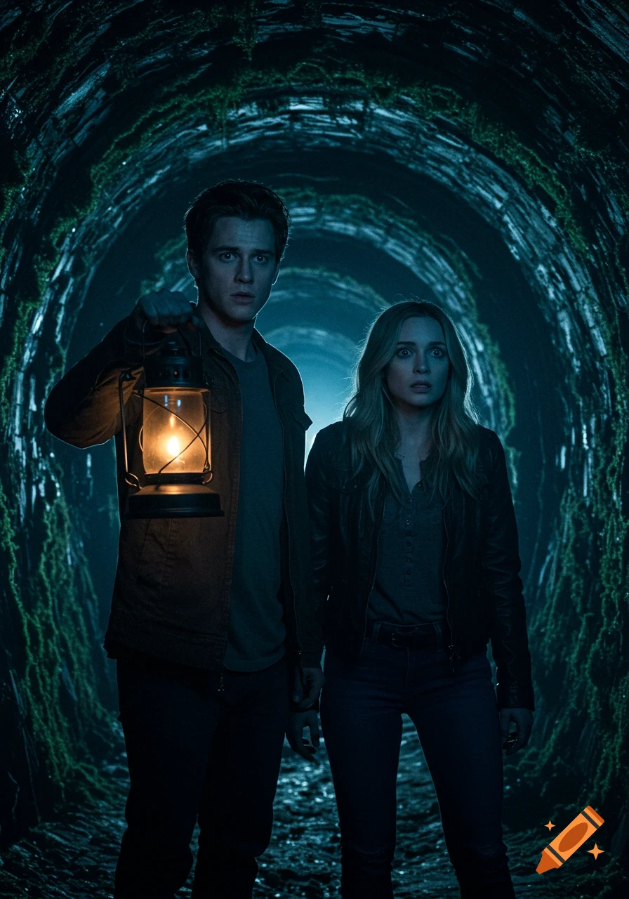 A man and a woman with concerned expressions stand in a dark, moss-covered tunnel, the man holding a lit lantern.