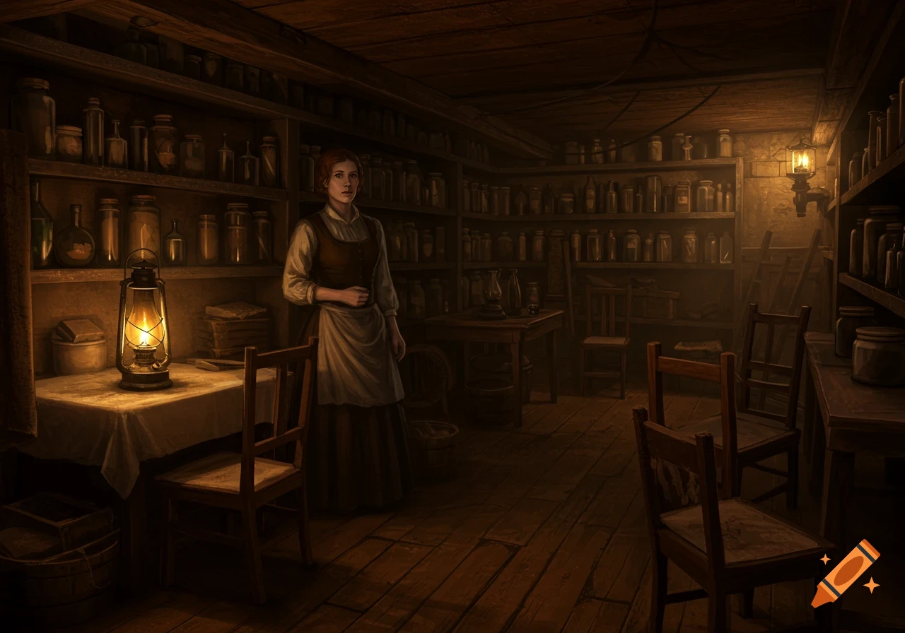 A woman stands in a dimly lit, rustic cellar filled with shelves of jars and bottles, illuminated by a lantern on a table.