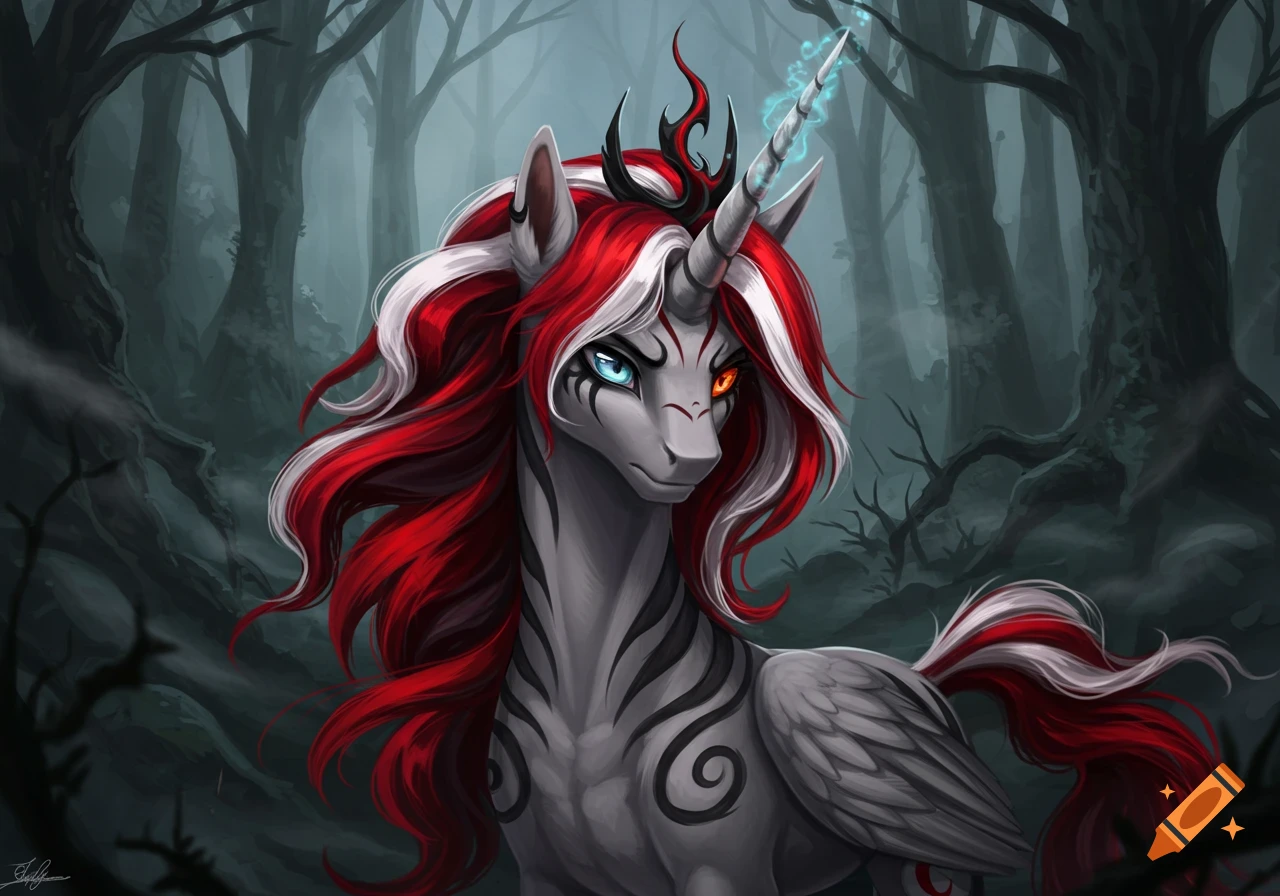 A gray alicorn with red and white mane, heterochromatic eyes, tribal markings, and a glowing horn stands in a dark forest.