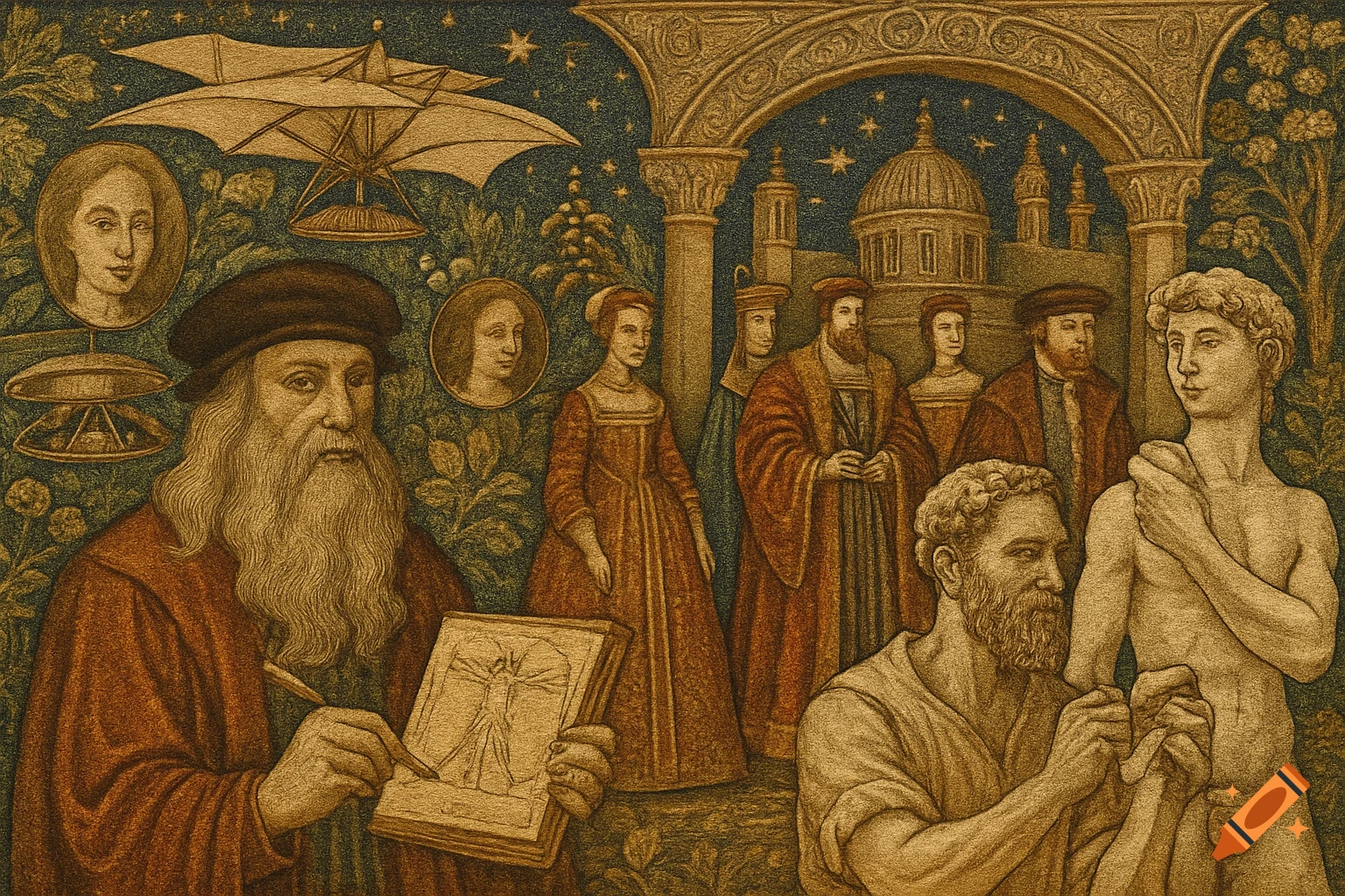 Stylized sepia illustration of Leonardo da Vinci holding the Vitruvian Man drawing, surrounded by Renaissance figures, architecture, and inventions.