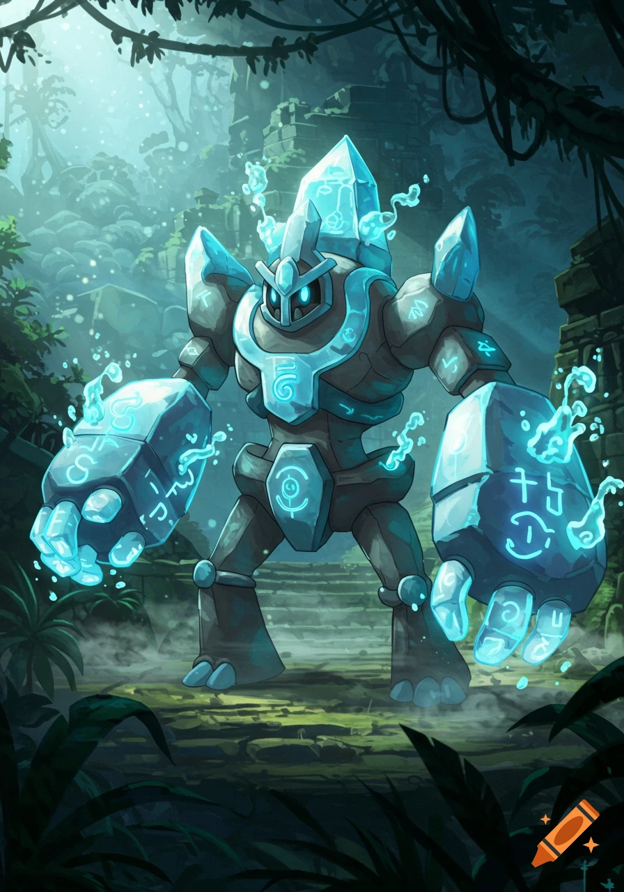 A fantasy stone and glowing ice crystal golem with blue glyphs and water effects in a misty jungle.