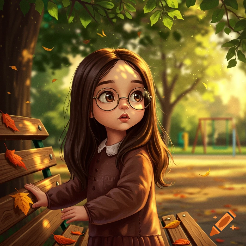 A cartoon girl with long brown hair and glasses sits on a park bench, looking up as autumn leaves fall around her.