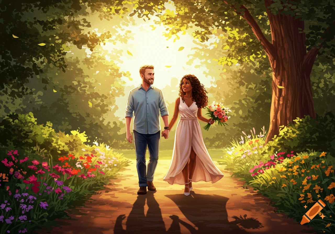An illustration of a diverse couple walking hand-in-hand on a sun-drenched path through a vibrant park with colorful flowers.
