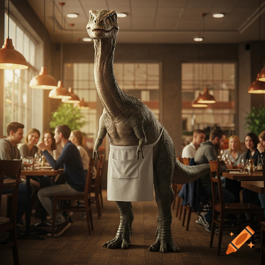 A photorealistic dinosaur wearing a white apron stands upright in a busy restaurant, looking towards the viewer.