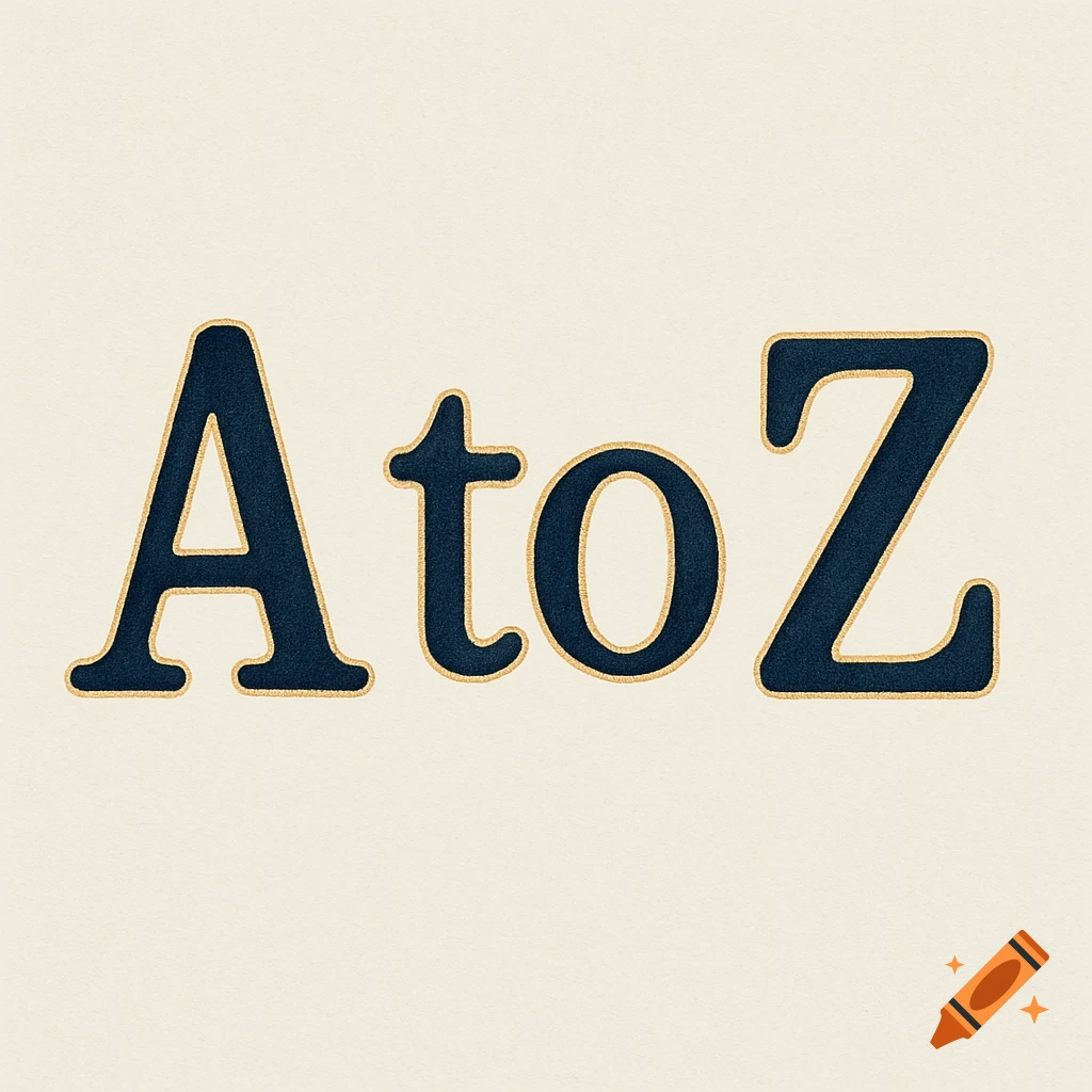 Vintage-style typography featuring 'A to Z' in navy blue with a gold outline on a cream background.