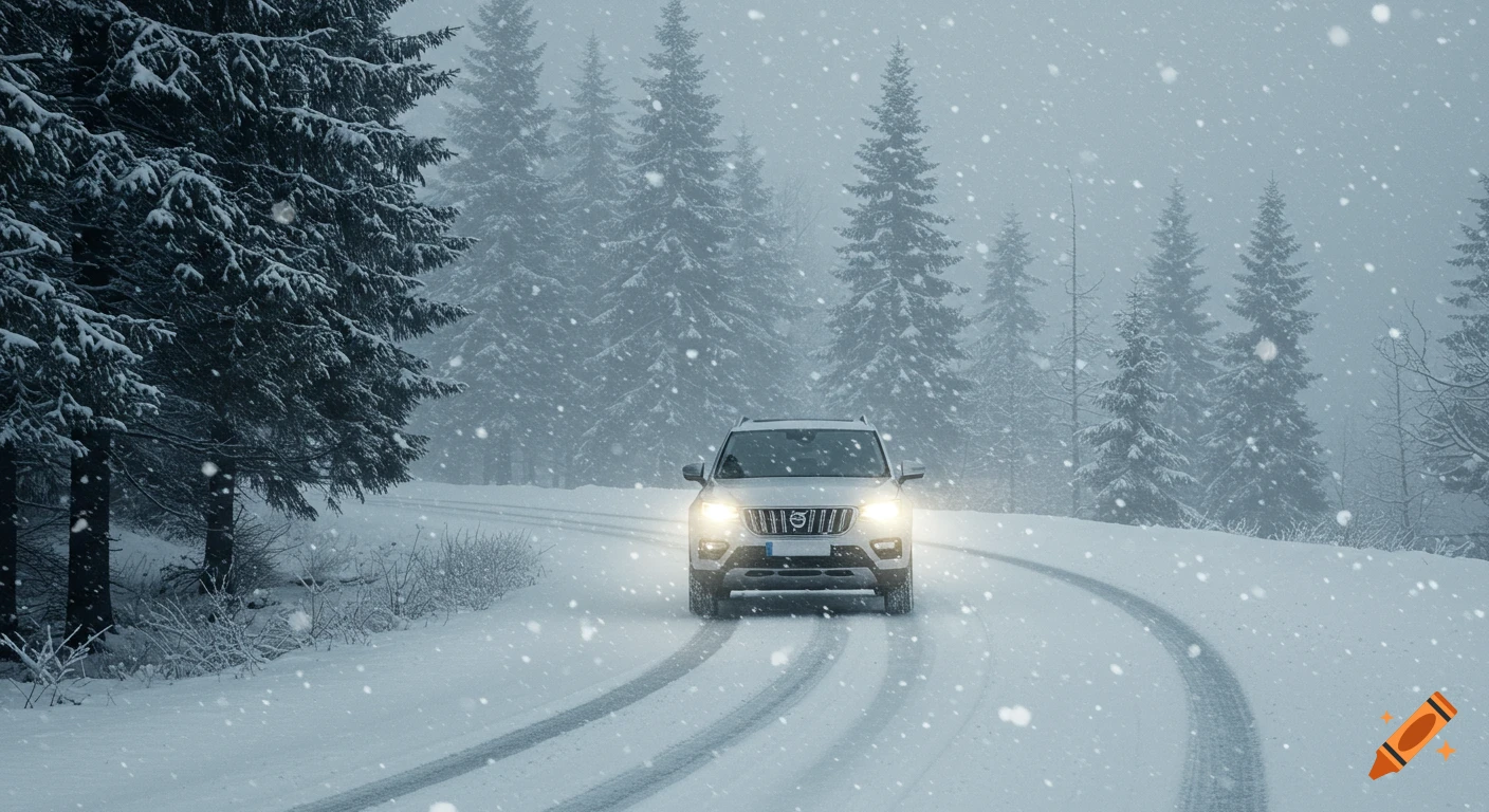 A silver SUV drives slowly on a snow-covered mountain road through a pine forest as snowflakes fall, with tire tracks in the snow.