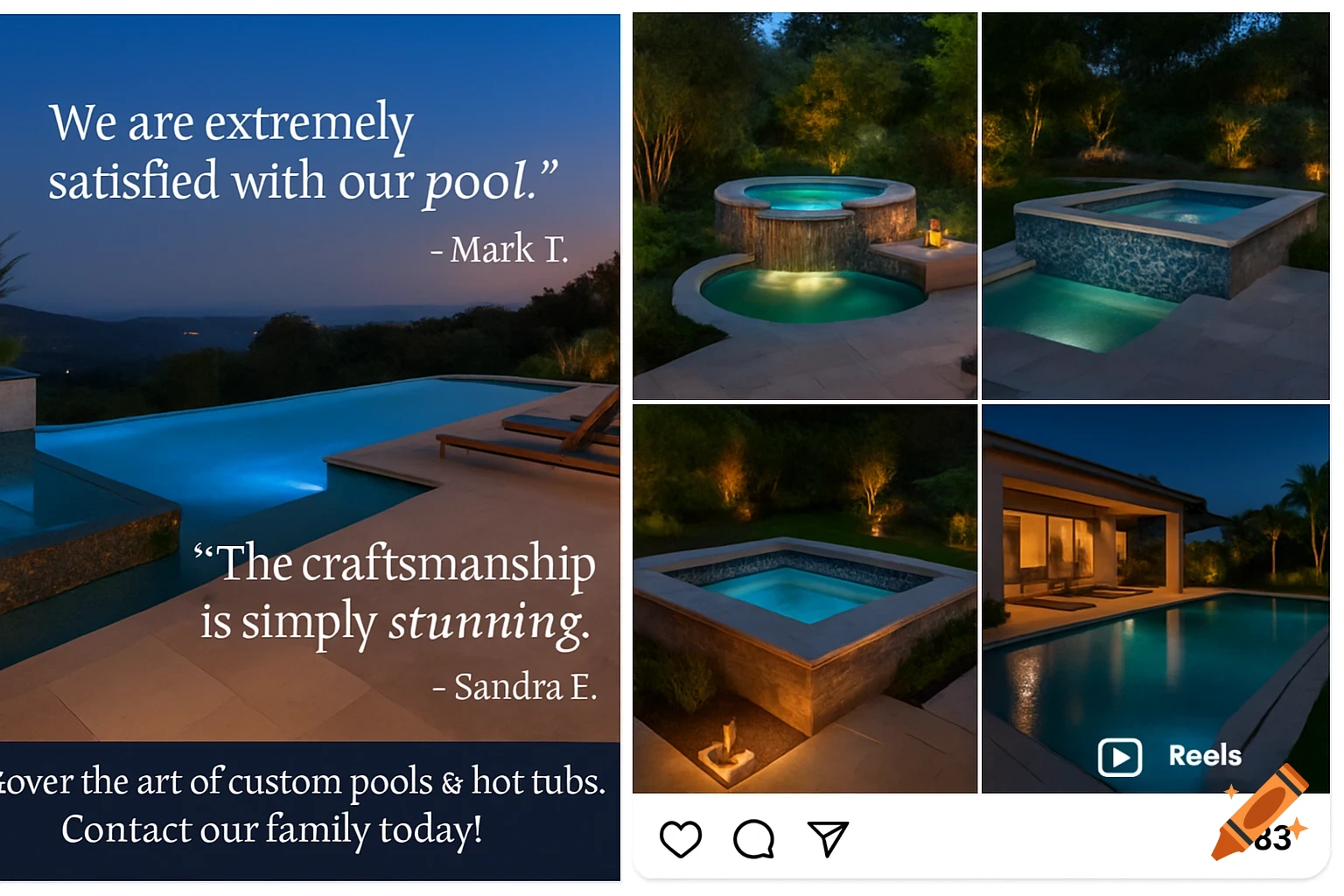 A collage of luxurious swimming pools and hot tubs at dusk, with client testimonials.