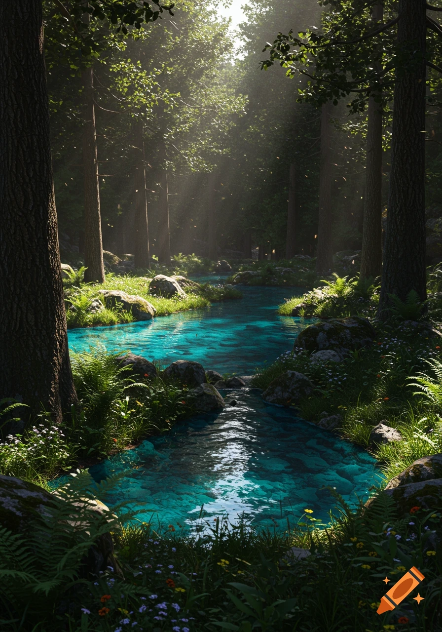 Sunlit forest with a vibrant blue stream flowing through lush green foliage and mossy rocks.