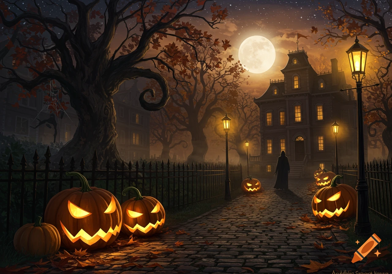 A spooky Halloween night scene with glowing jack-o'-lanterns on a cobblestone path leading to a haunted mansion under a full moon.
