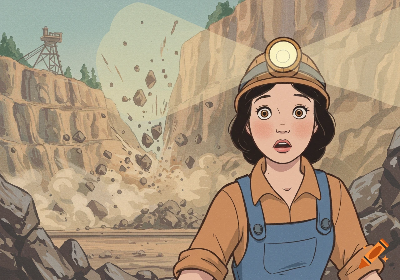 A surprised woman miner in a hard hat with a light looks forward, with a rockslide happening behind her in a quarry, in an old Disney animation style.