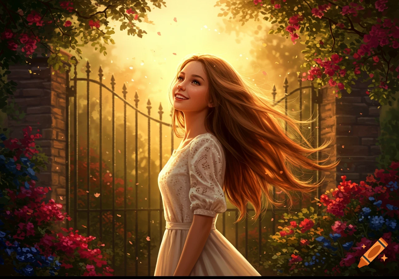 A smiling young woman with flowing hair looks up in a vibrant, golden-lit fantasy garden with a gate and colorful flowers.