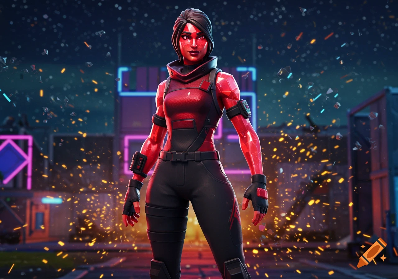 Fortnite Ruby skin character with glowing red skin and a black and red outfit stands in a futuristic cityscape with neon lights.