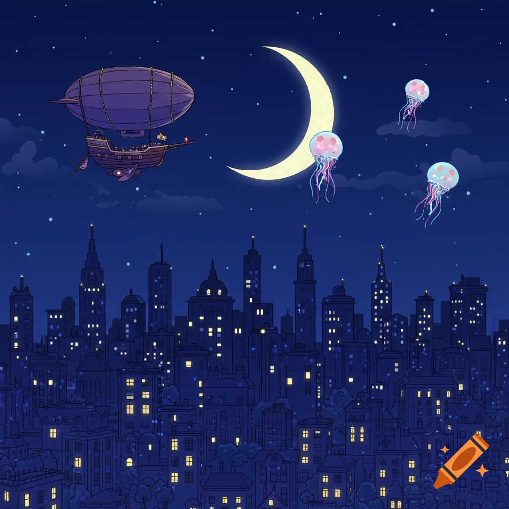 Cartoon dirigible flying over a city skyline at night, with a crescent moon and glowing jellyfish.