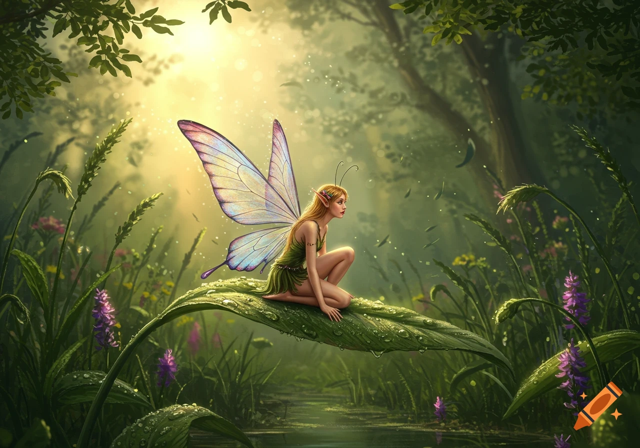 A fairy with translucent butterfly wings and long blonde hair crouches on a large dew-covered leaf in a sun-dappled magical forest.