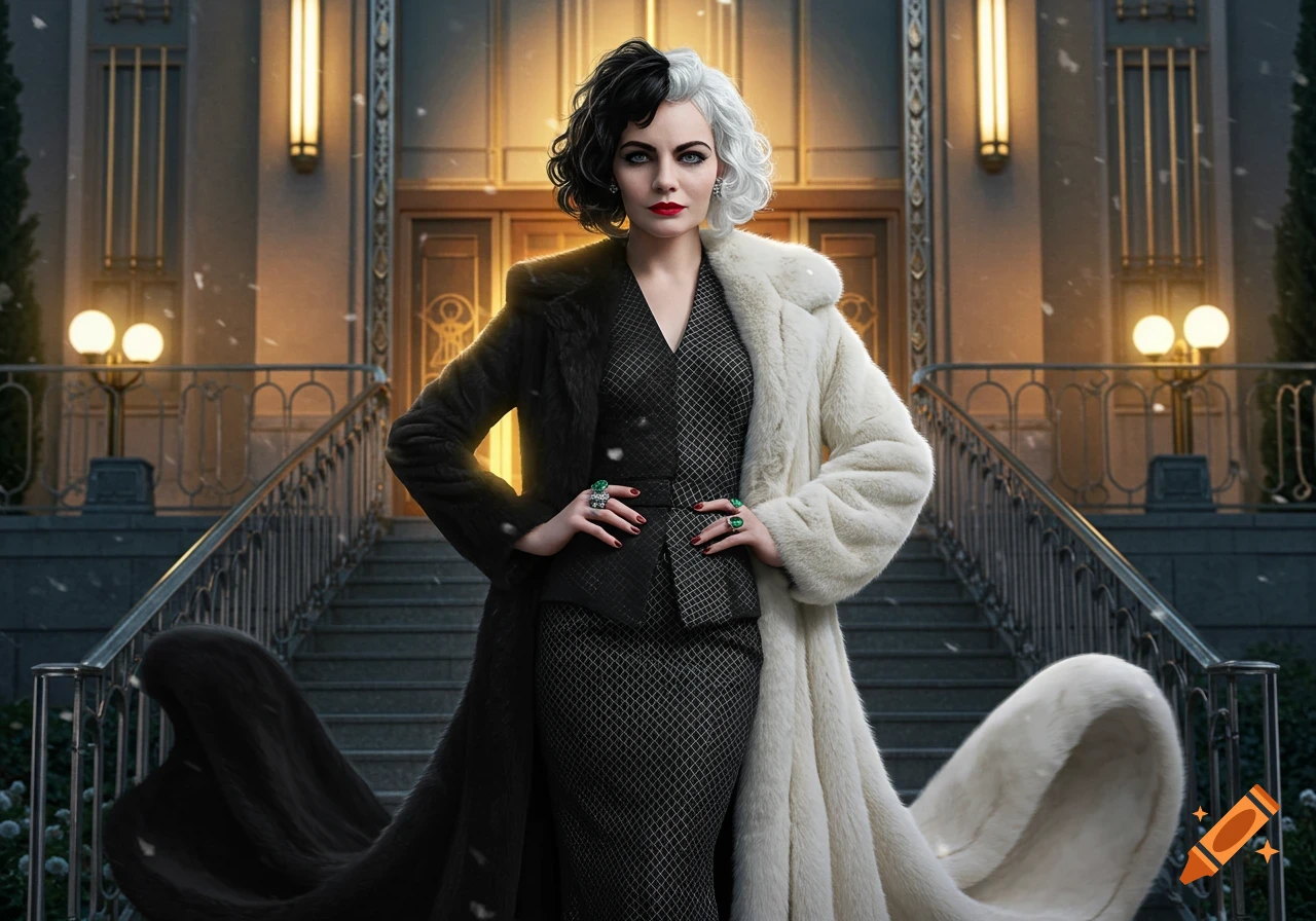 A woman resembling Cruella de Vil with split black and white hair and a matching fur coat stands on steps in front of a grand building.