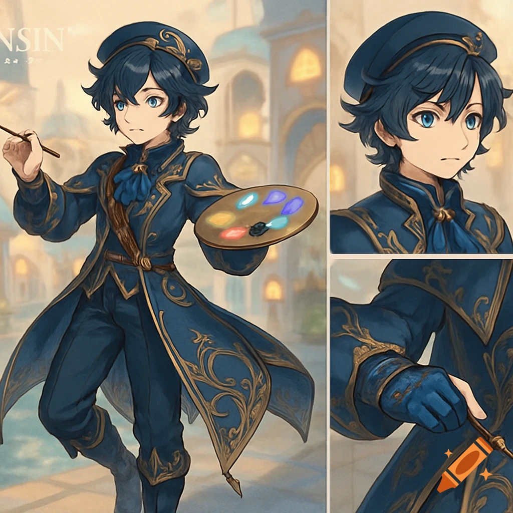 An anime boy with blue hair and eyes in an ornate blue uniform holds a paintbrush and a colorful artist's palette in a city setting.