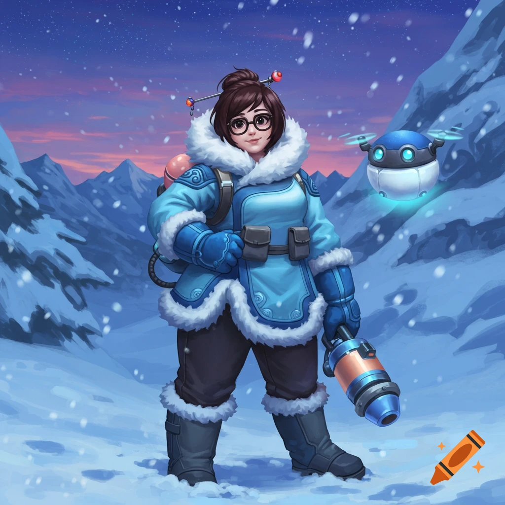 Mei from Overwatch in a blue winter outfit and glasses stands in a snowy mountain landscape with a floating robot drone.