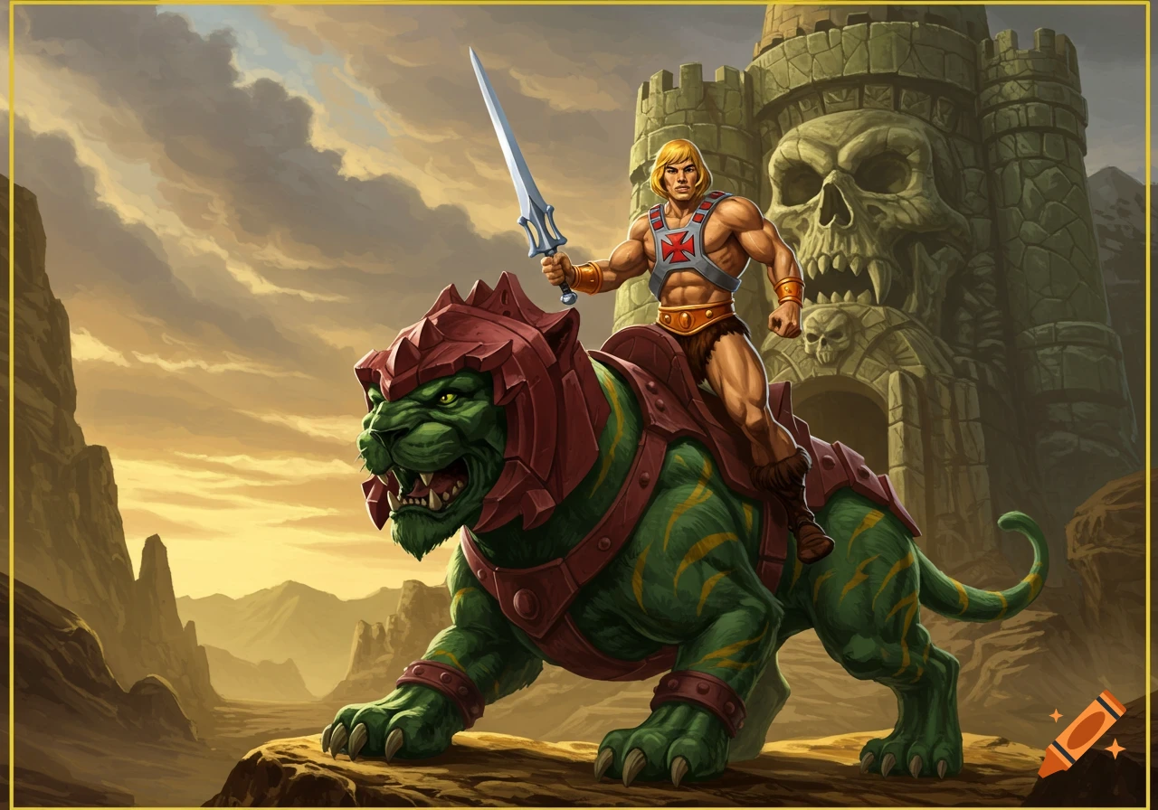 He-Man riding Battlecat with sword raised in front of Castle Grayskull, with a cloudy sky and desert landscape.