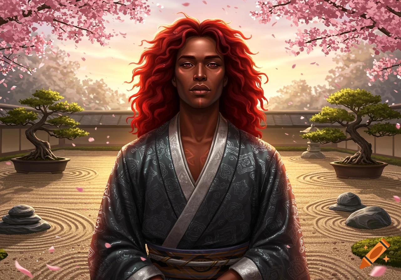 A stylized digital art portrait of a dark-skinned person with long red hair in a patterned kimono, standing in a Japanese zen garden with cherry blossoms at sunset.