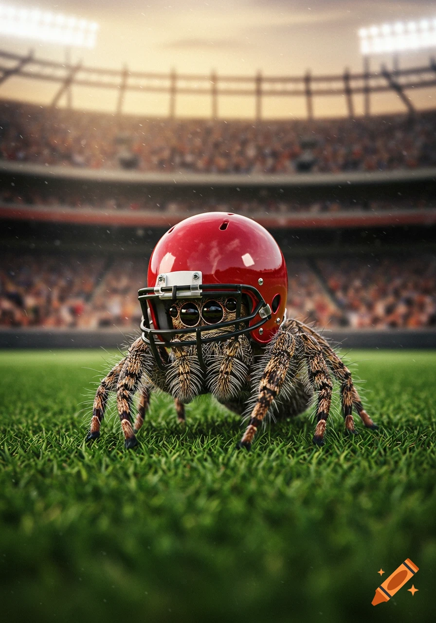 A photorealistic close-up of a fuzzy jumping spider wearing a red football helmet, standing on a green grass football field with a stadium in the blurred background.