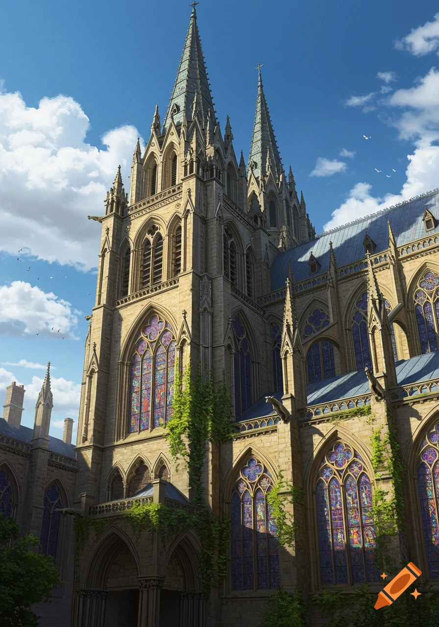A majestic gothic cathedral with twin spires, intricate stone carvings, vibrant stained glass windows, and ivy climbing its walls, under a blue sky.