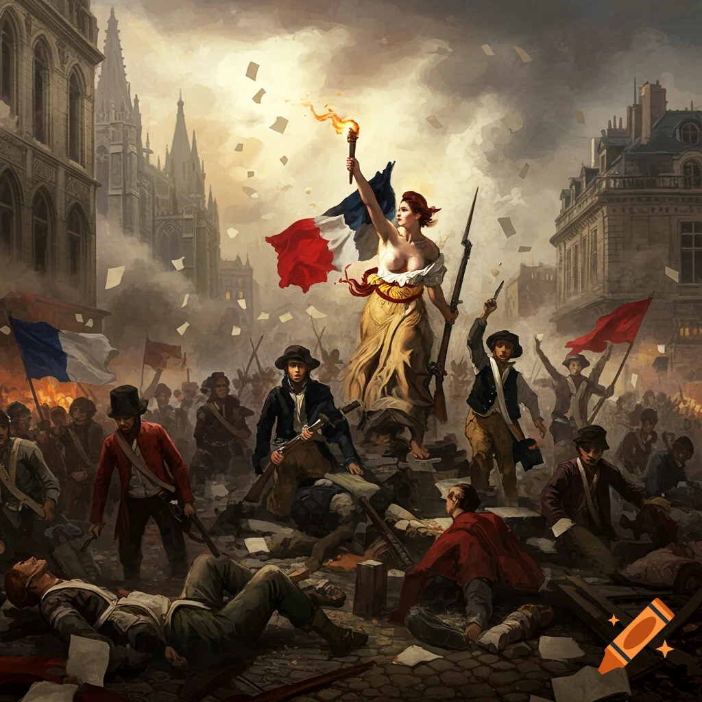 A woman holding a torch and a French flag leads revolutionaries through a street with fallen figures, in a classical painting style.