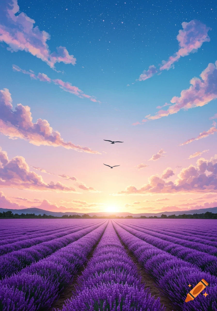 Vast purple lavender field under a vibrant anime-style sky with pink and orange clouds, a setting sun, and two birds flying.