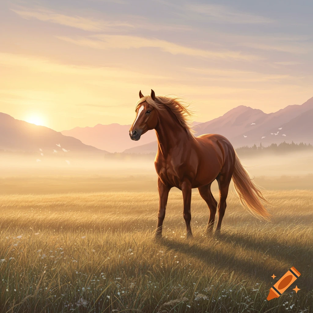 A majestic brown horse stands in a golden field at sunrise, with misty mountains in the background.