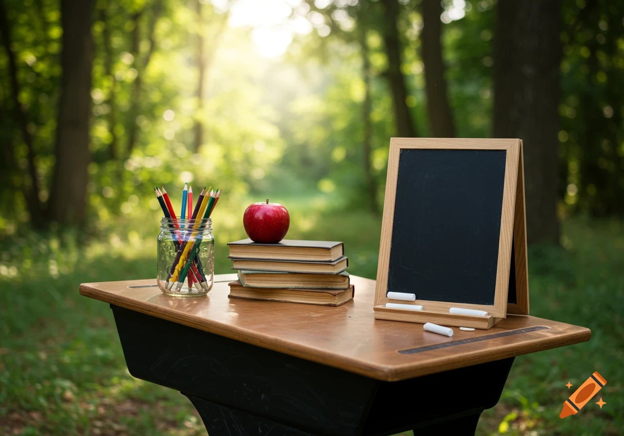 An old wooden school desk outdoors in a sunlit forest, topped with a jar of colored pencils, a stack of books, a red apple, and a small wooden chalkboard.