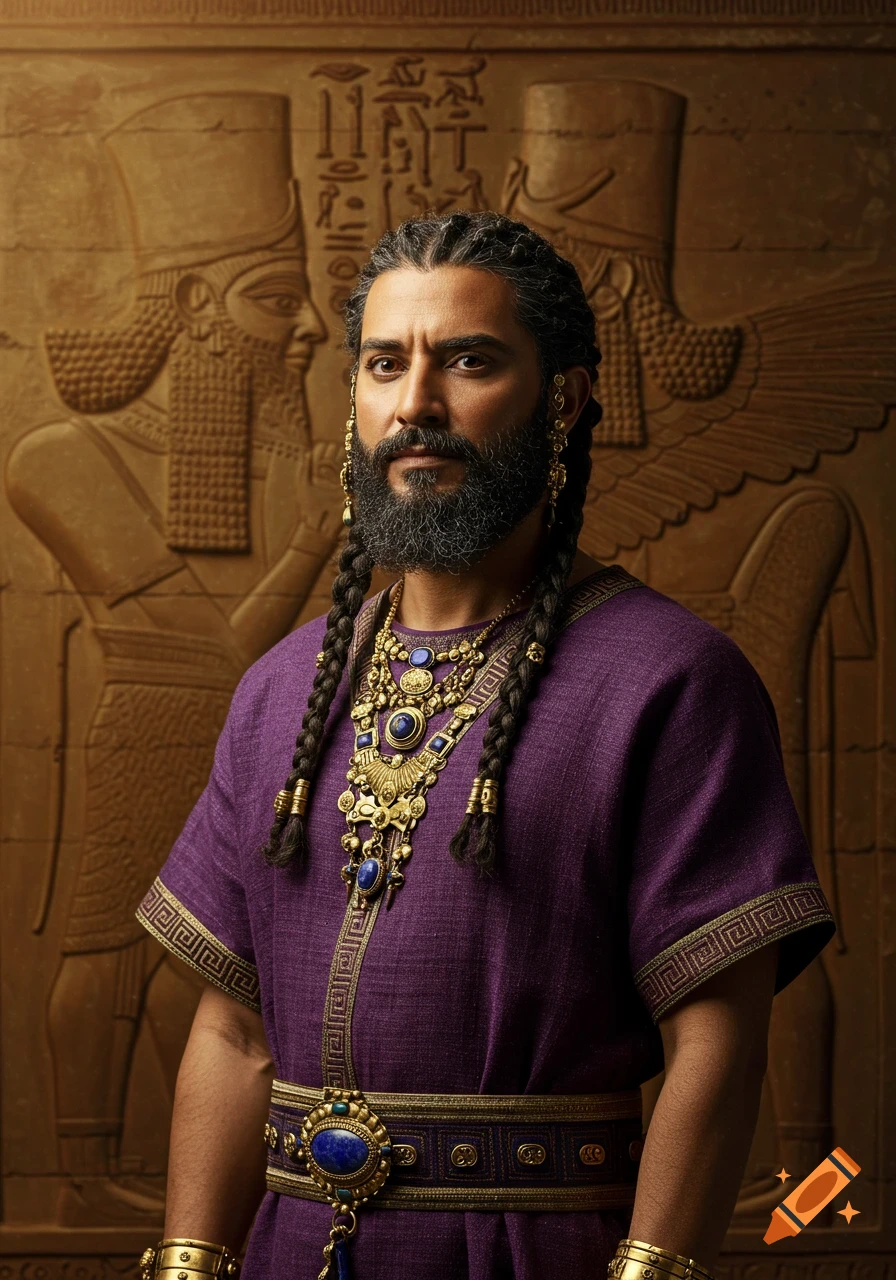 A noble Assyrian merchant with a braided beard and hair, wearing a purple tunic and elaborate gold and lapis lazuli jewelry, stands before an Assyrian relief wall.