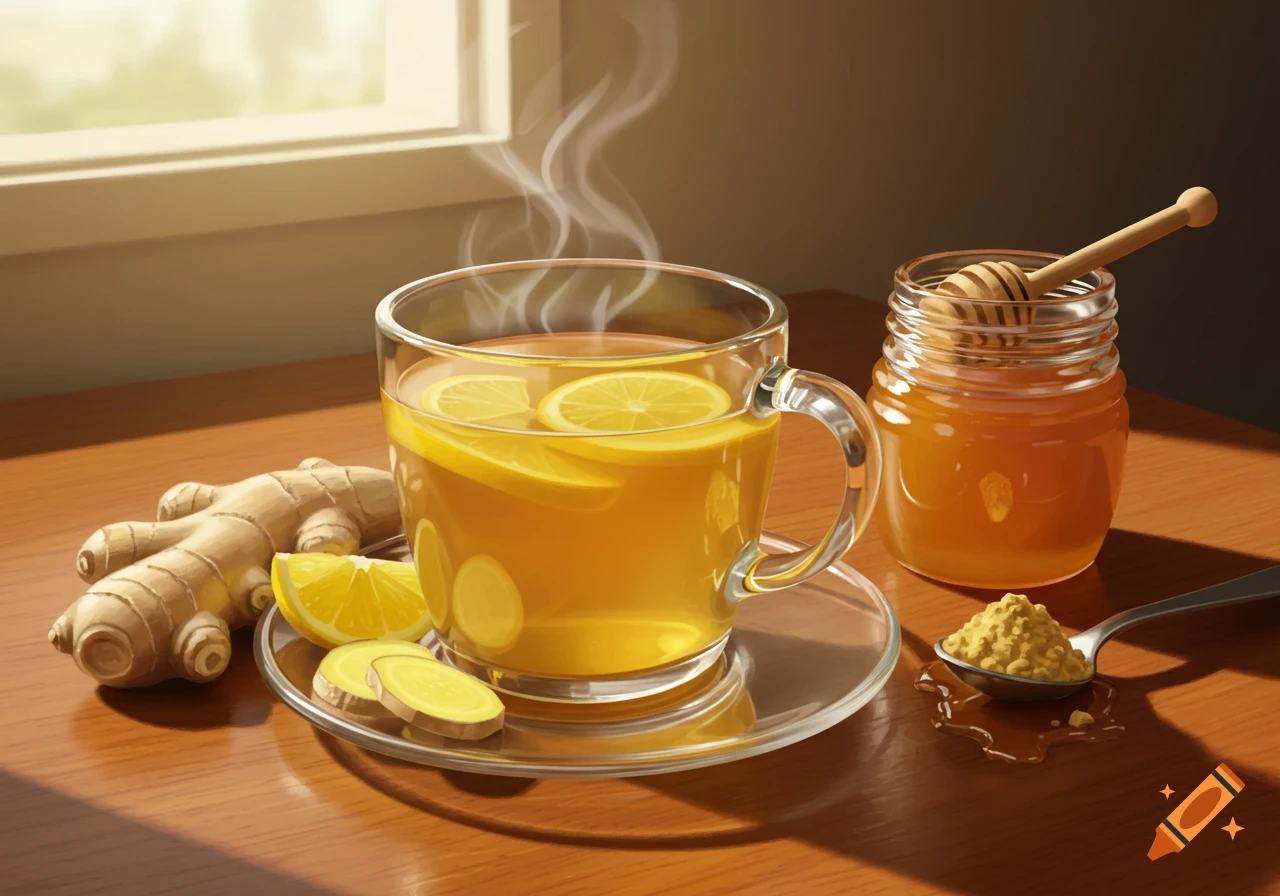 A steaming glass cup of ginger and honey tea with lemon slices on a wooden table, next to a honey jar, raw ginger, and a spoon of ginger powder, all bathed in warm sunlight from a window.