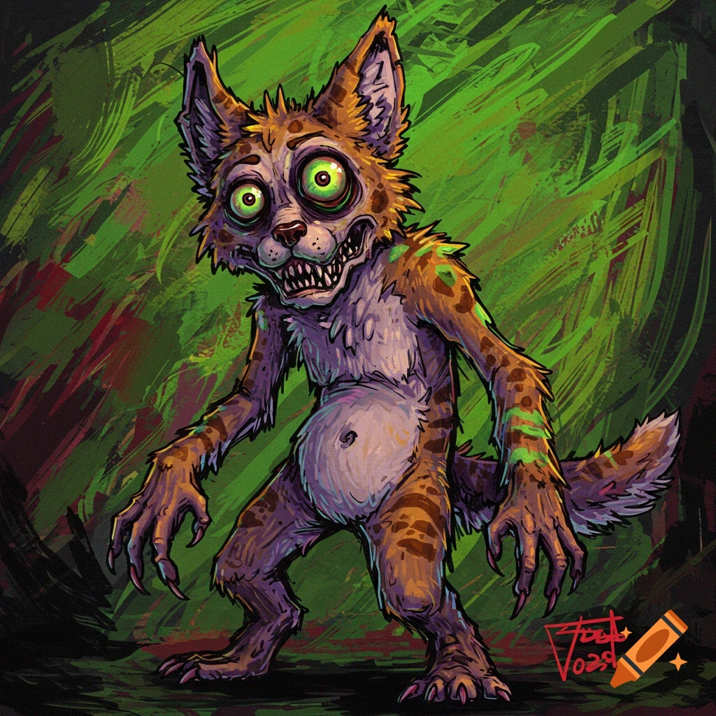 A creepy, monstrous fursona with glowing green eyes and sharp teeth, standing against a vibrant green and red background, in a cartoonish horror illustration style.