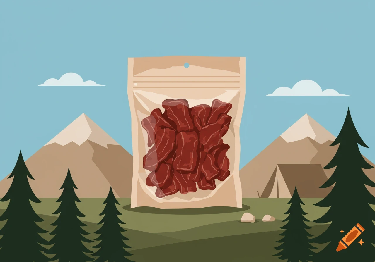 Illustration of a bag of beef jerky in a mountain and forest landscape with a tent under a blue sky.