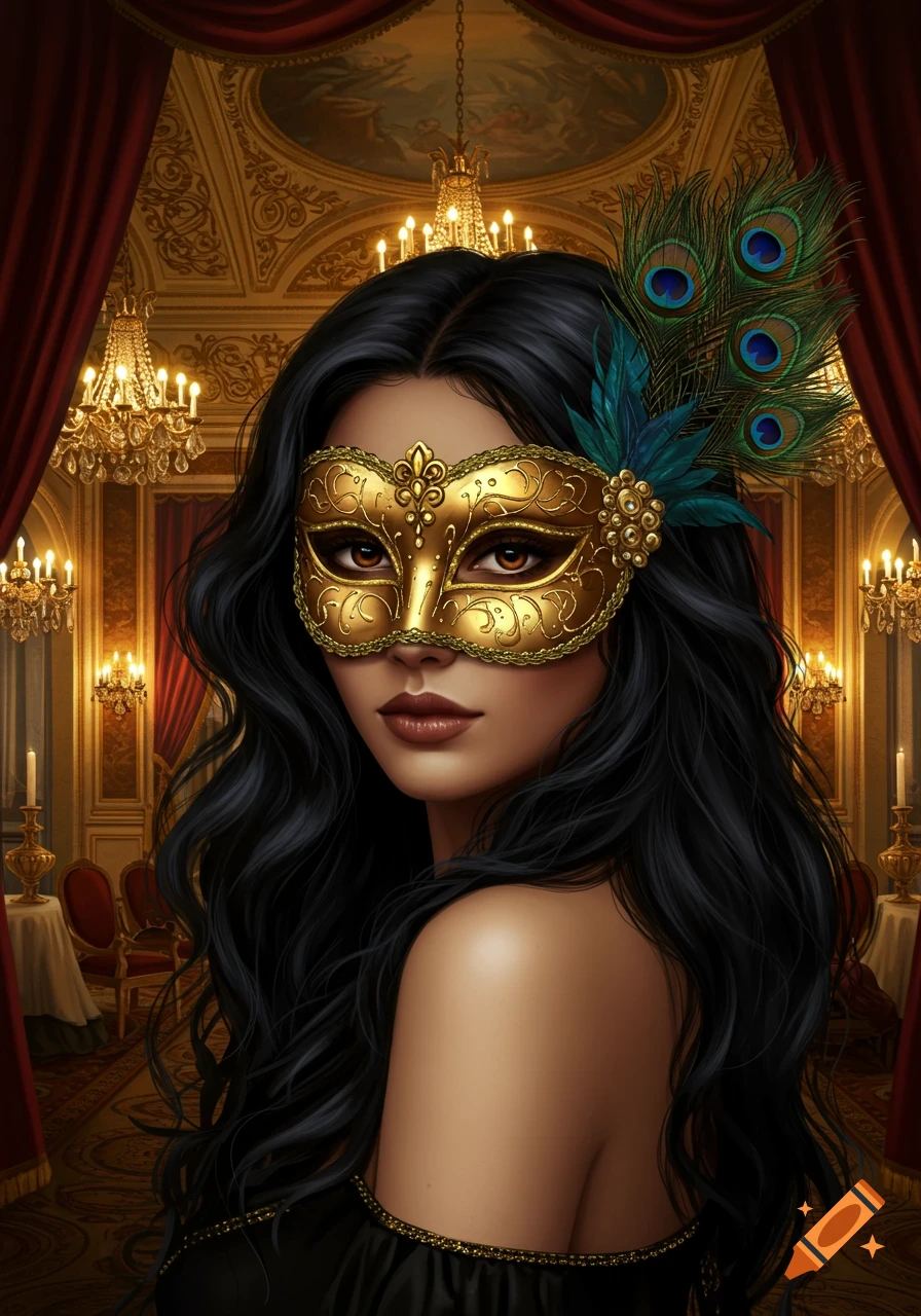 A woman with long black hair wears an ornate golden Venetian mask with peacock feathers in a lavish, chandelier-lit hall.
