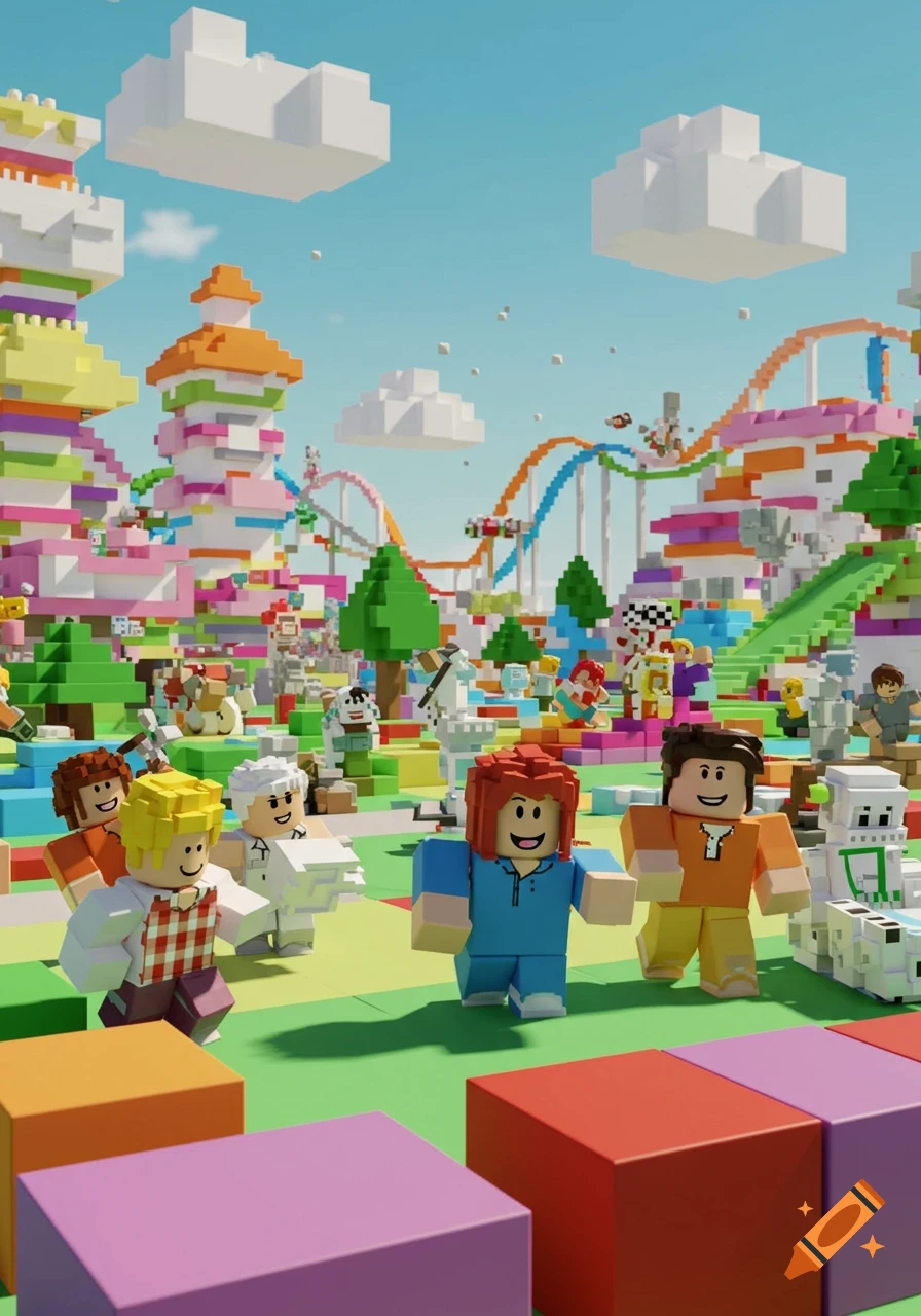 Blocky characters in a vibrant, colorful voxel art amusement park with roller coasters and tall structures under a blue sky.