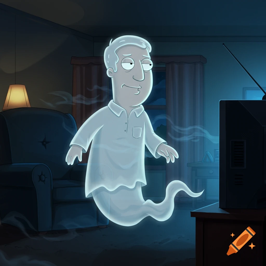 Cartoon ghost resembling Bryan from American Dad floats in a dim living room next to a TV.